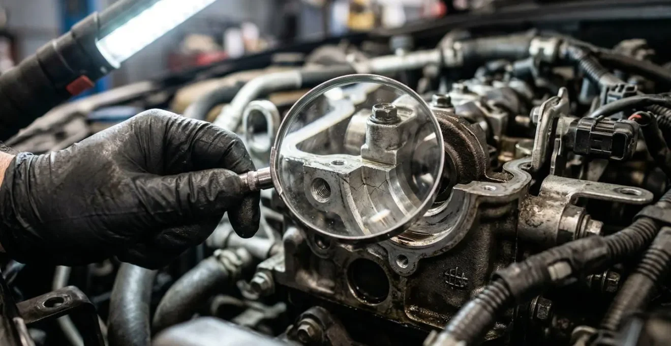 Expert automobile inspectant minutieusement le dessous d'un véhicule d'occasion sur pont élévateur