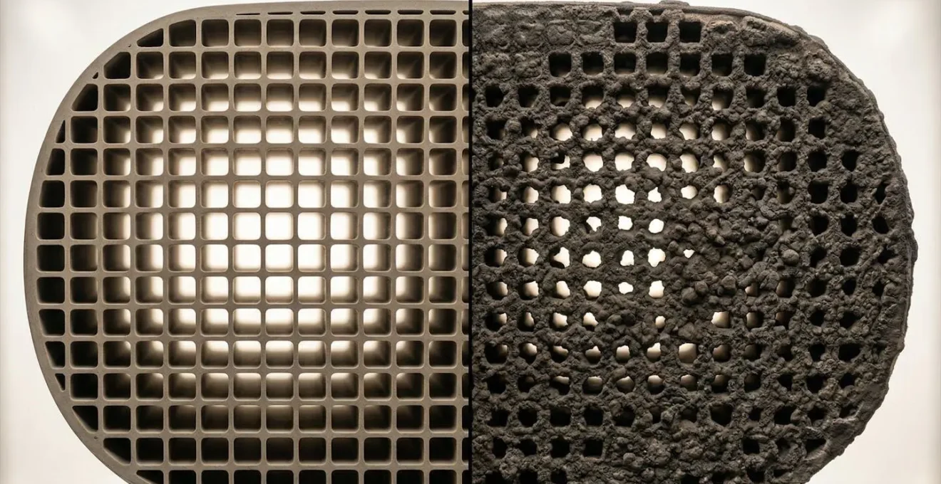 Vue en coupe d'un filtre à particules diesel encrassé par des cendres par rapport à un filtre propre
