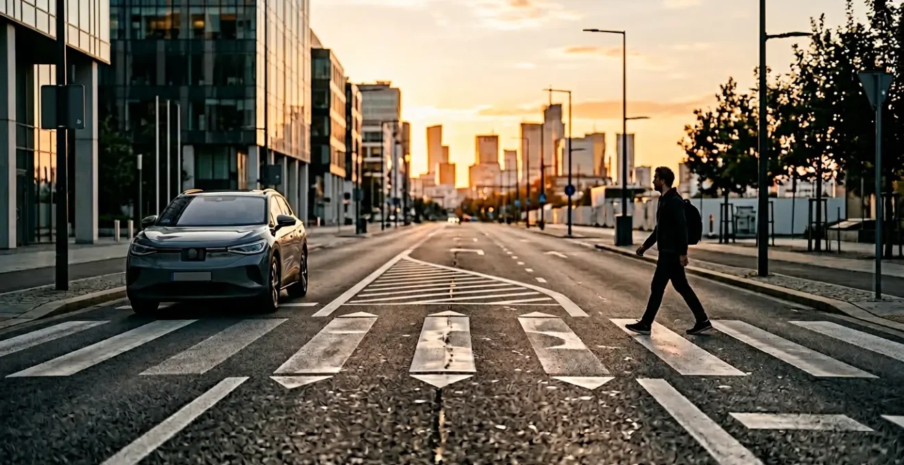 Système de freinage automatique d'urgence détectant un piéton traversant une rue urbaine