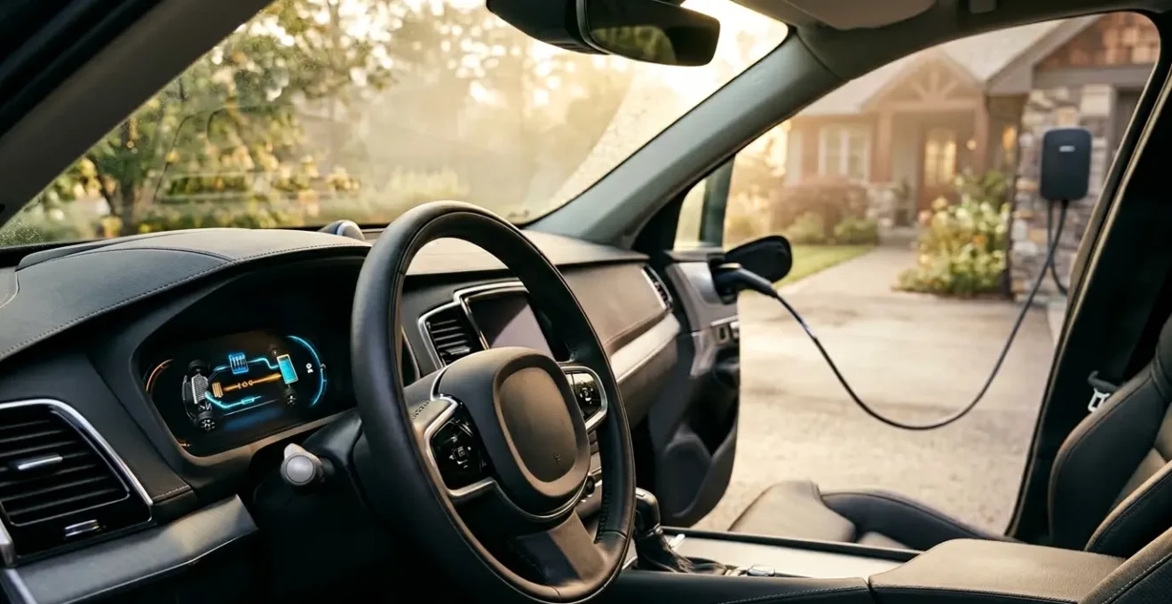 Vue intérieure d'un véhicule hybride rechargeable avec tableau de bord montrant les économies et une borne de recharge visible à travers le pare-brise