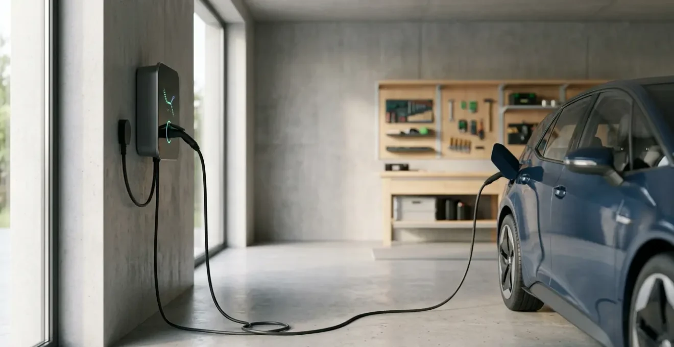 Installation d'une borne de recharge électrique dans un garage résidentiel moderne