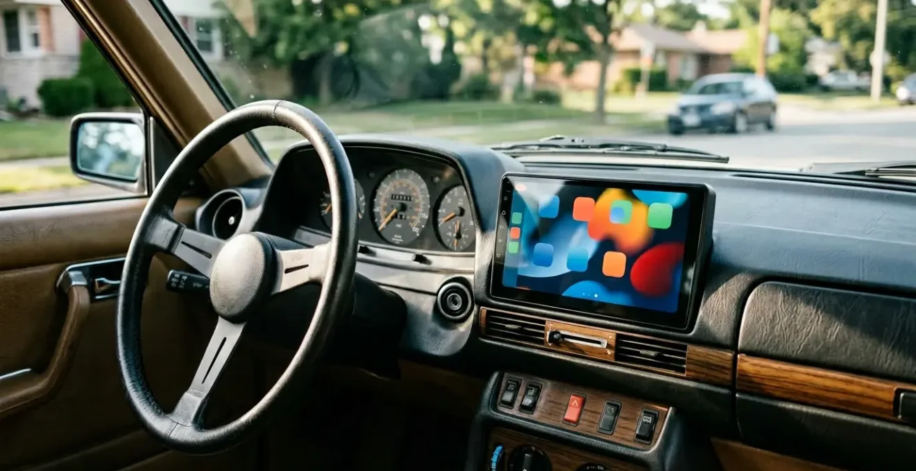 Tableau de bord de voiture classique avec écran tactile moderne intégré affichant des icônes d'applications