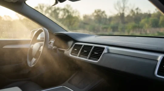 Intérieur de voiture moderne avec système de ventilation et particules d'air visibles illustrant la purification