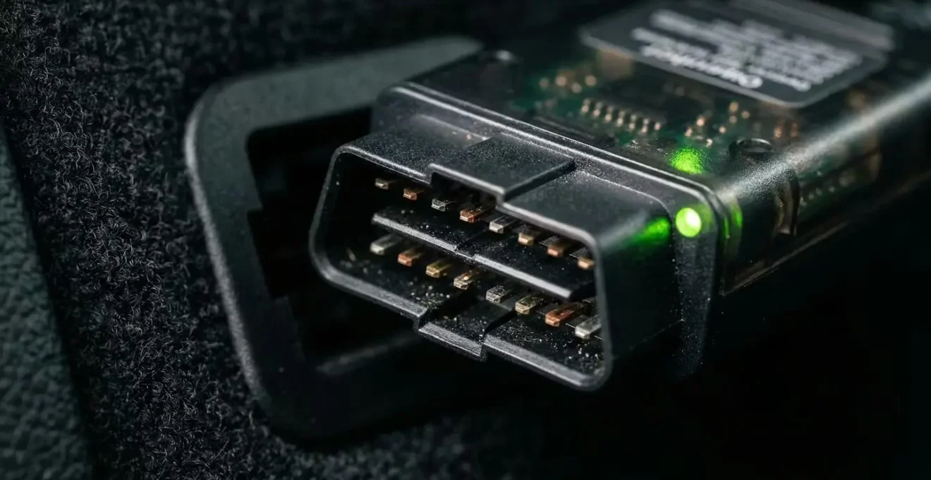 Gros plan sur un boîtier OBD connecté avec données affichées sur smartphone