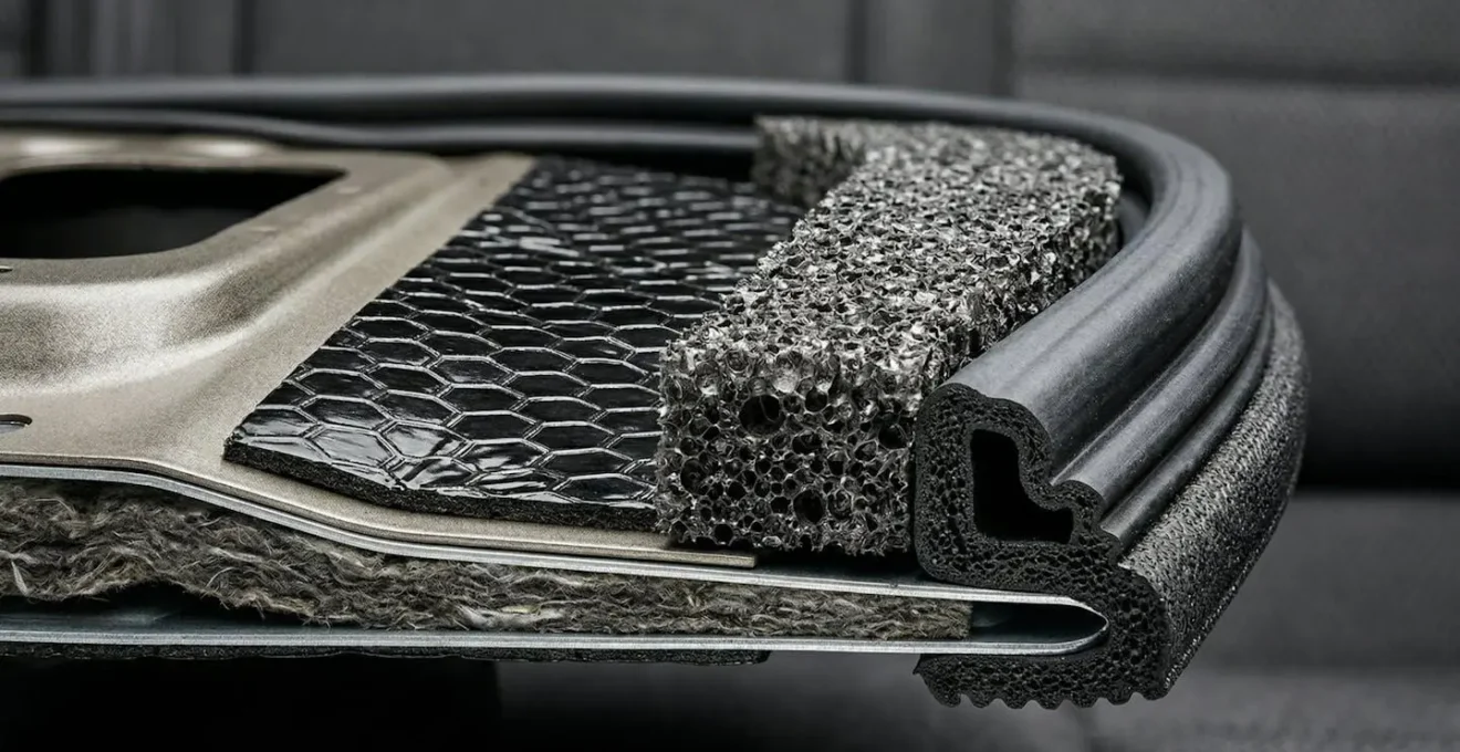 Vue en coupe d'une portière de voiture montrant les matériaux d'isolation phonique et les zones de traitement acoustique