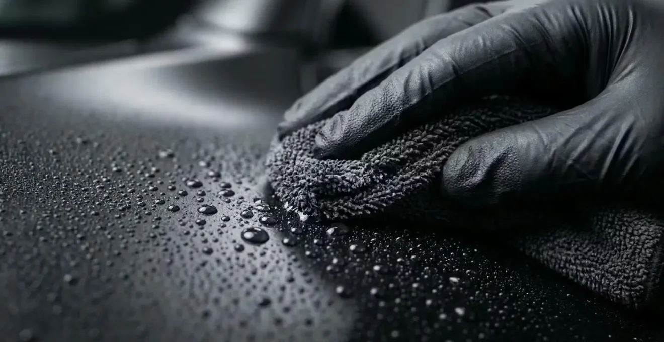 Détail d'une main appliquant délicatement un produit spécifique sur un covering mat de voiture