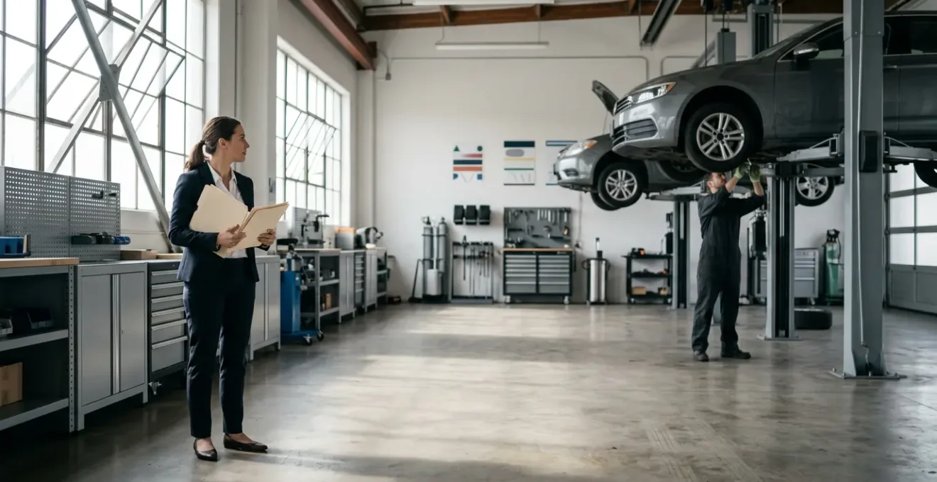 Automobiliste examinant documents juridiques dans un garage avec mécanicien en arrière-plan