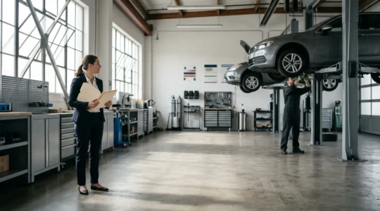 Automobiliste examinant documents juridiques dans un garage avec mécanicien en arrière-plan