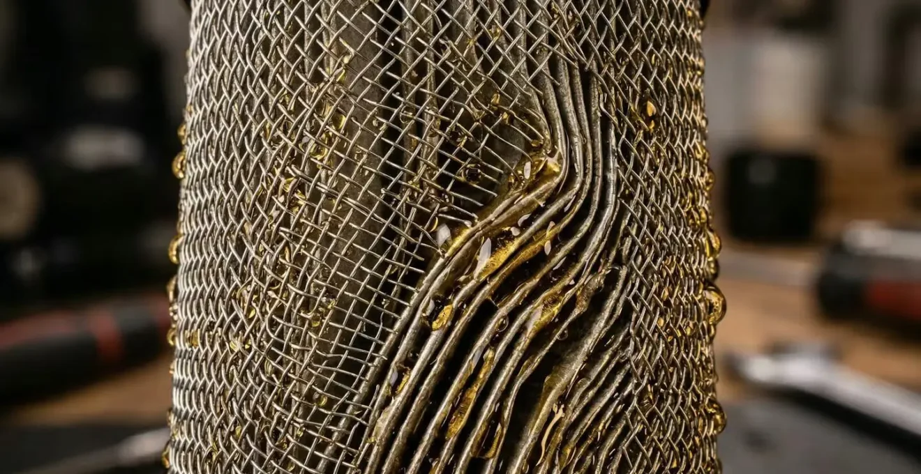 Vue macro d'un filtre à huile neuf avec textures métalliques et reflets dorés de l'huile