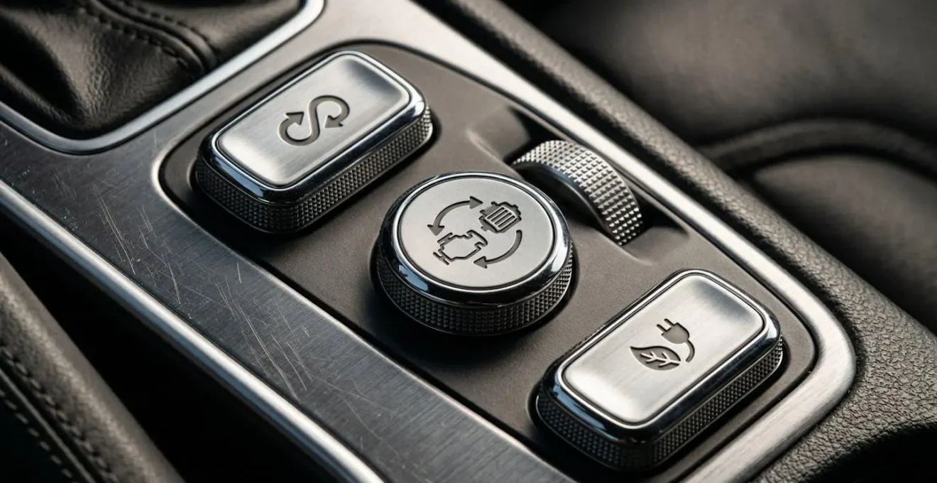 Intérieur de véhicule hybride montrant les boutons de modes de conduite sur la console centrale