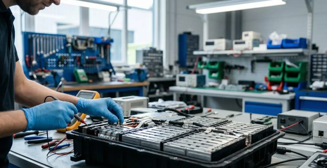 Technicien inspectant les modules individuels d'une batterie de véhicule électrique