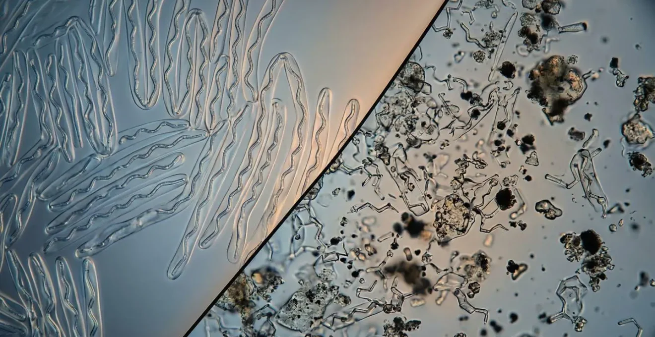 Vue microscopique comparative de molécules d'huile avec et sans additifs incompatibles