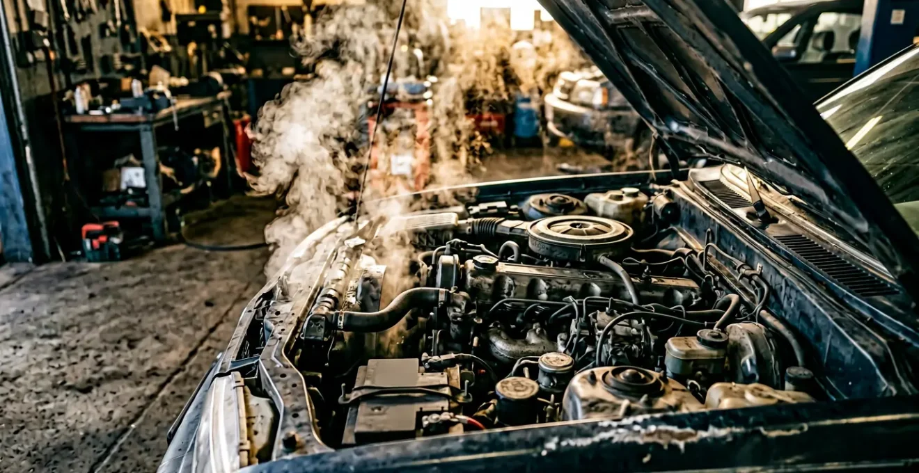 Moteur automobile en surchauffe avec vapeur s'échappant du radiateur