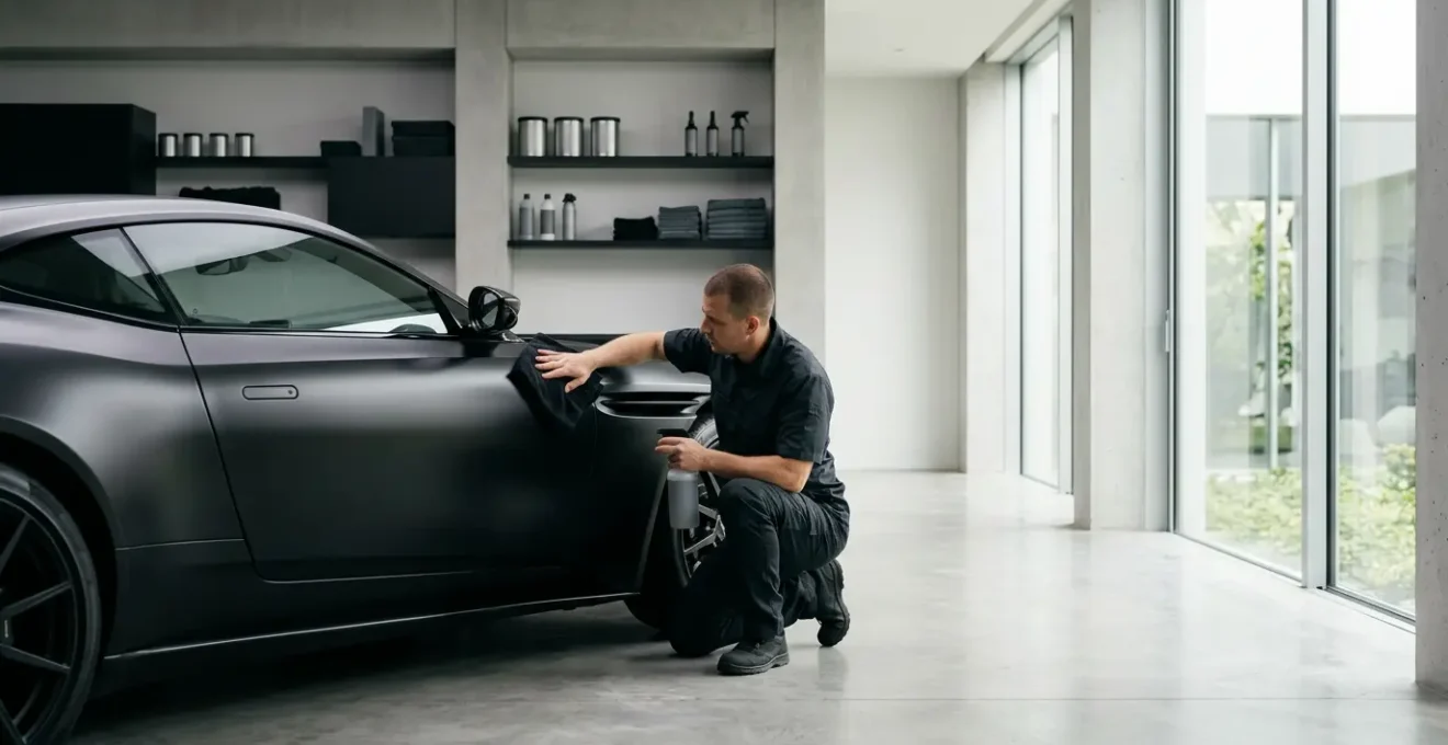 Entretien professionnel d'une carrosserie automobile mate avec produits spécialisés