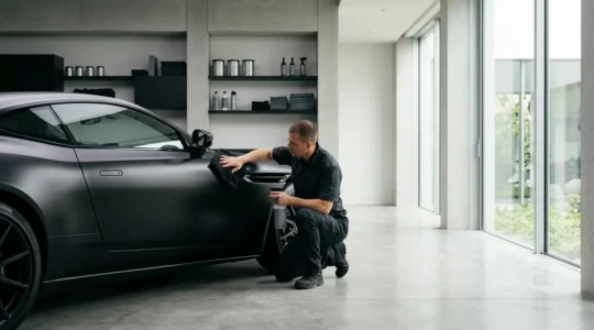 Entretien professionnel d'une carrosserie automobile mate avec produits spécialisés