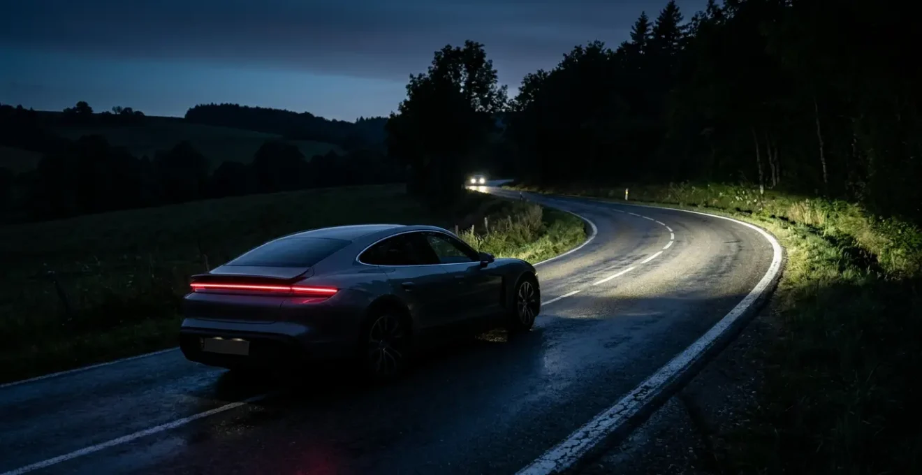 Voiture équipée de phares Matrix LED éclairant une route départementale sinueuse la nuit