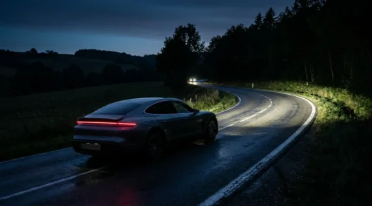 Voiture équipée de phares Matrix LED éclairant une route départementale sinueuse la nuit