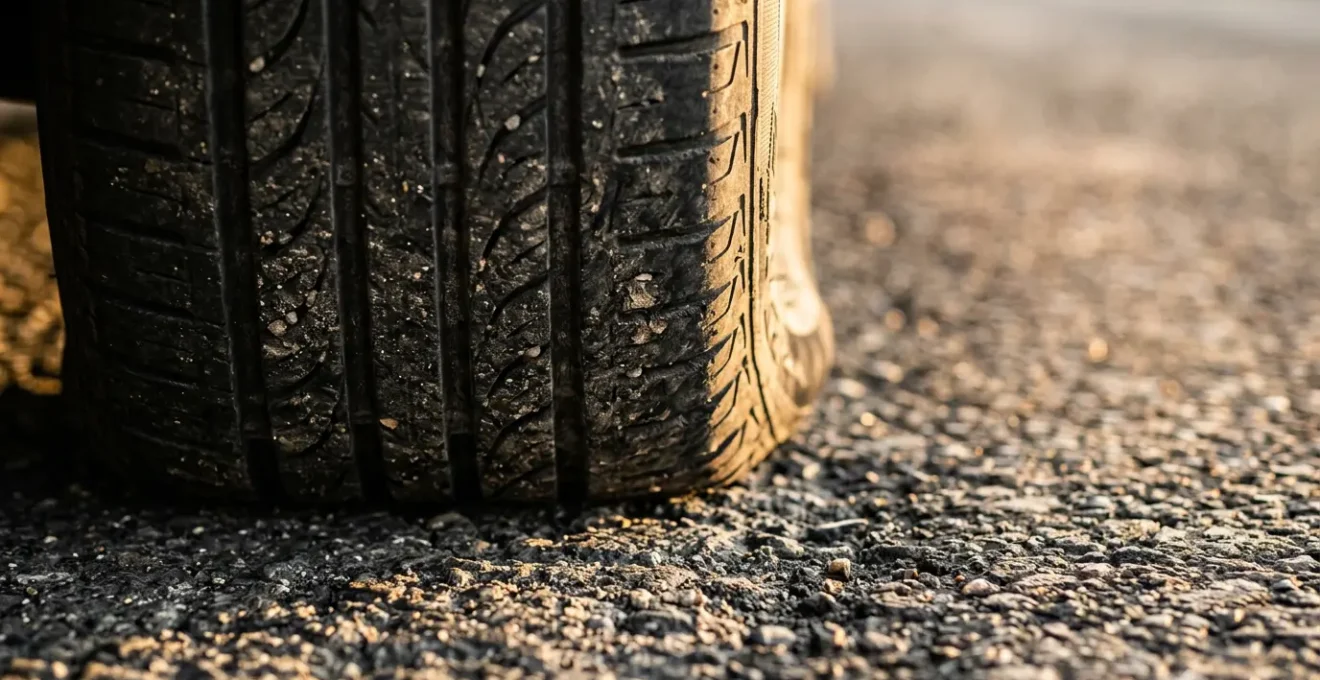 Vue détaillée d'un pneu automobile sur route avec mise en évidence de la déformation due au sous-gonflage