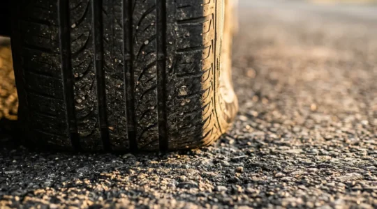 Vue détaillée d'un pneu automobile sur route avec mise en évidence de la déformation due au sous-gonflage