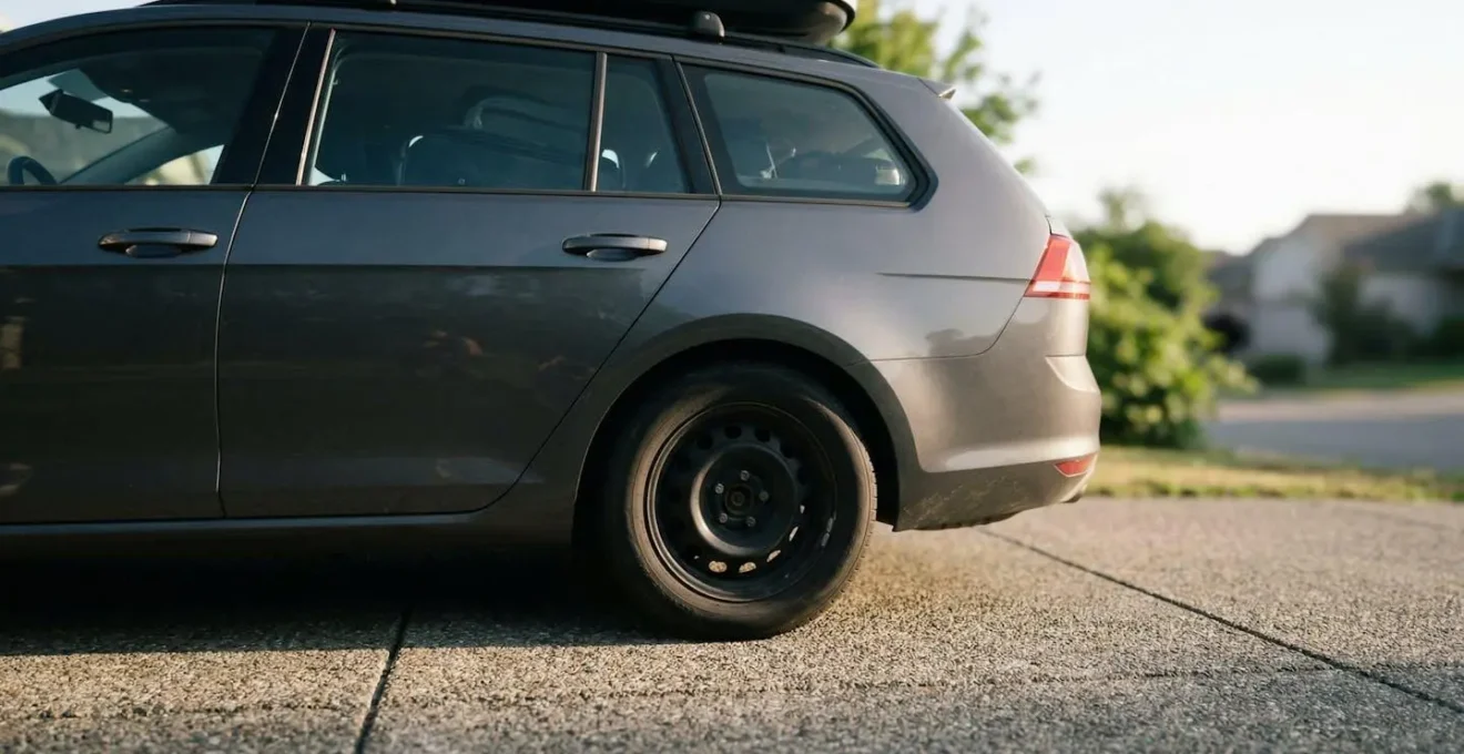 Roue arrière d'une voiture familiale chargée pour les vacances montrant la légère déformation du pneu