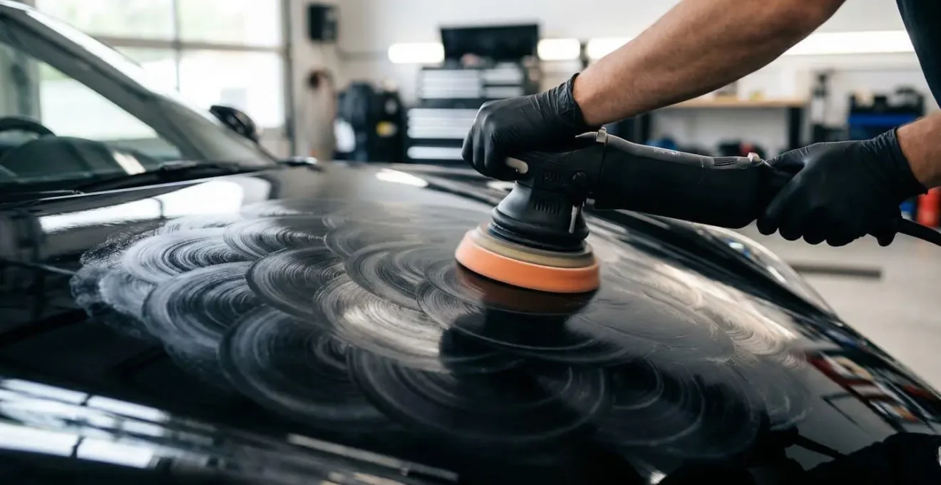 Polisseuse orbitale en action sur une carrosserie automobile brillante