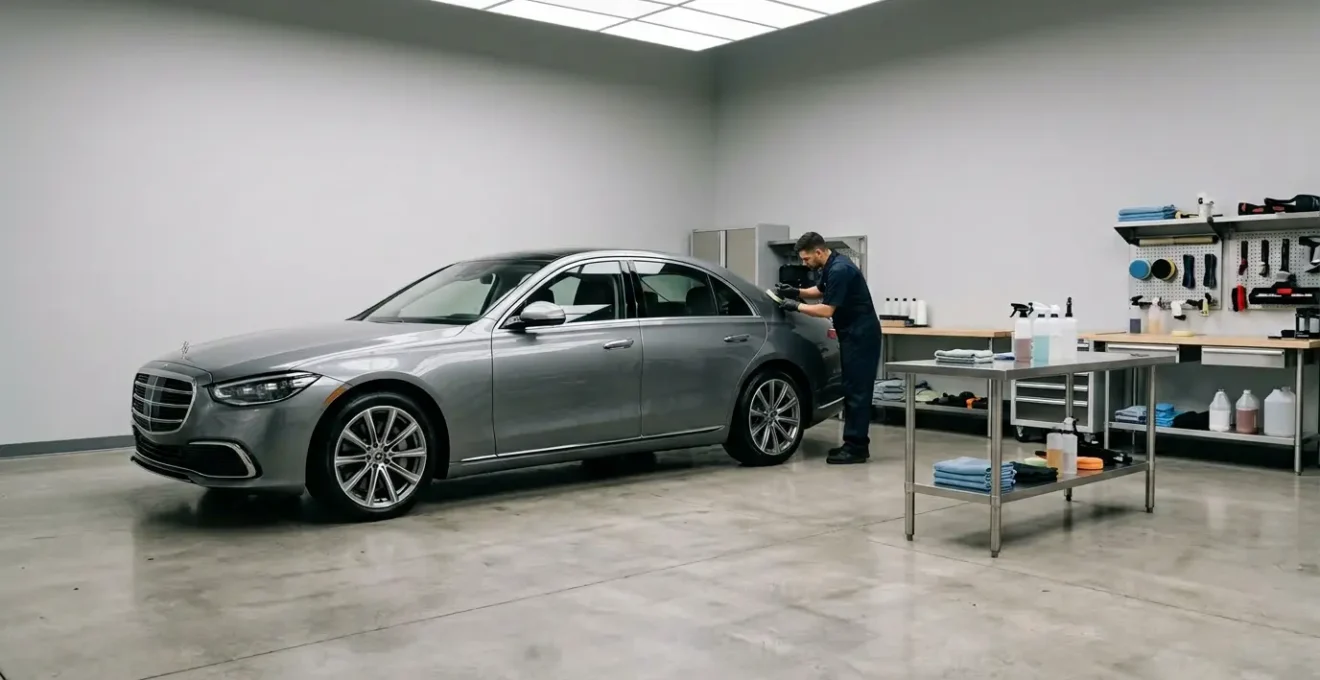 Préparation esthétique automobile dans un garage de detailing professionnel