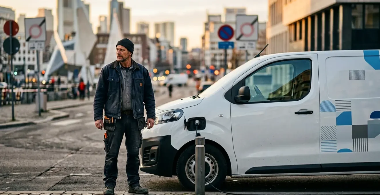 Un artisan en tenue de travail debout près de son utilitaire électrique devant un paysage urbain avec panneaux ZFE flous en arrière-plan