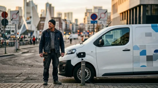 Un artisan en tenue de travail debout près de son utilitaire électrique devant un paysage urbain avec panneaux ZFE flous en arrière-plan