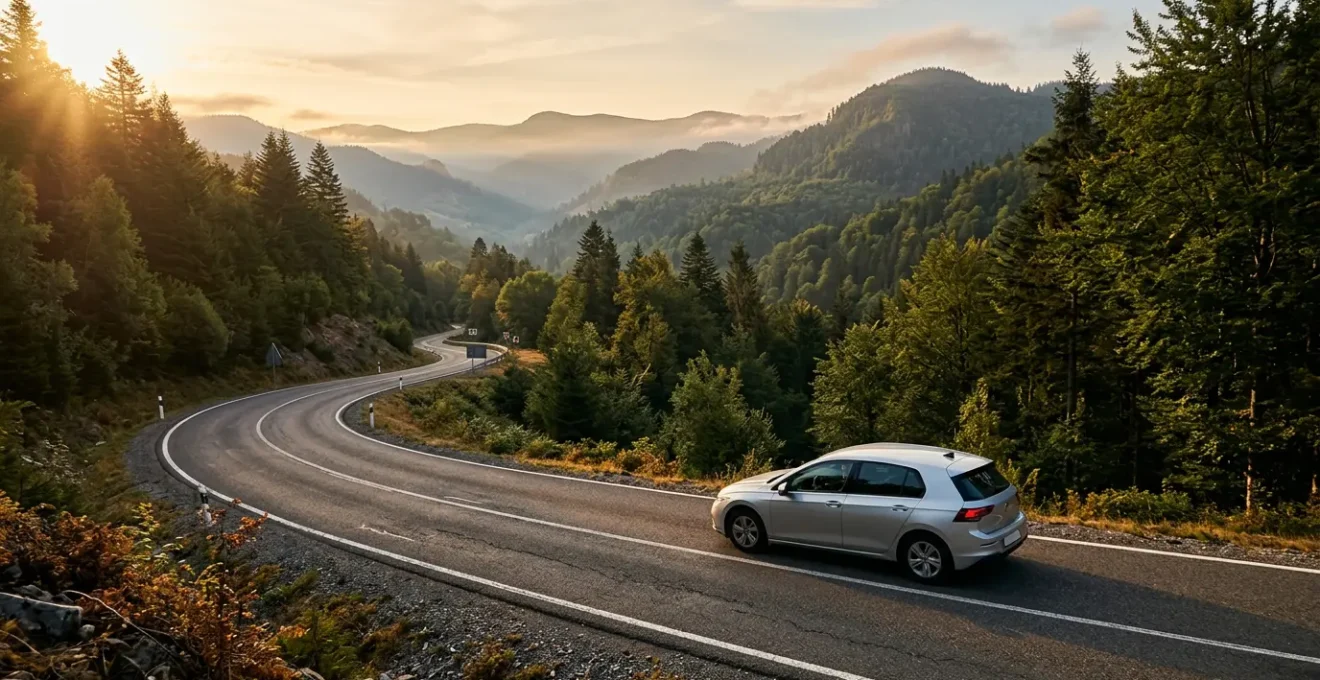 Vue aérienne d'une voiture moderne sur une route sinueuse entourée de verdure avec des pièces de monnaie symbolisant l'économie