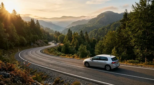 Vue aérienne d'une voiture moderne sur une route sinueuse entourée de verdure avec des pièces de monnaie symbolisant l'économie