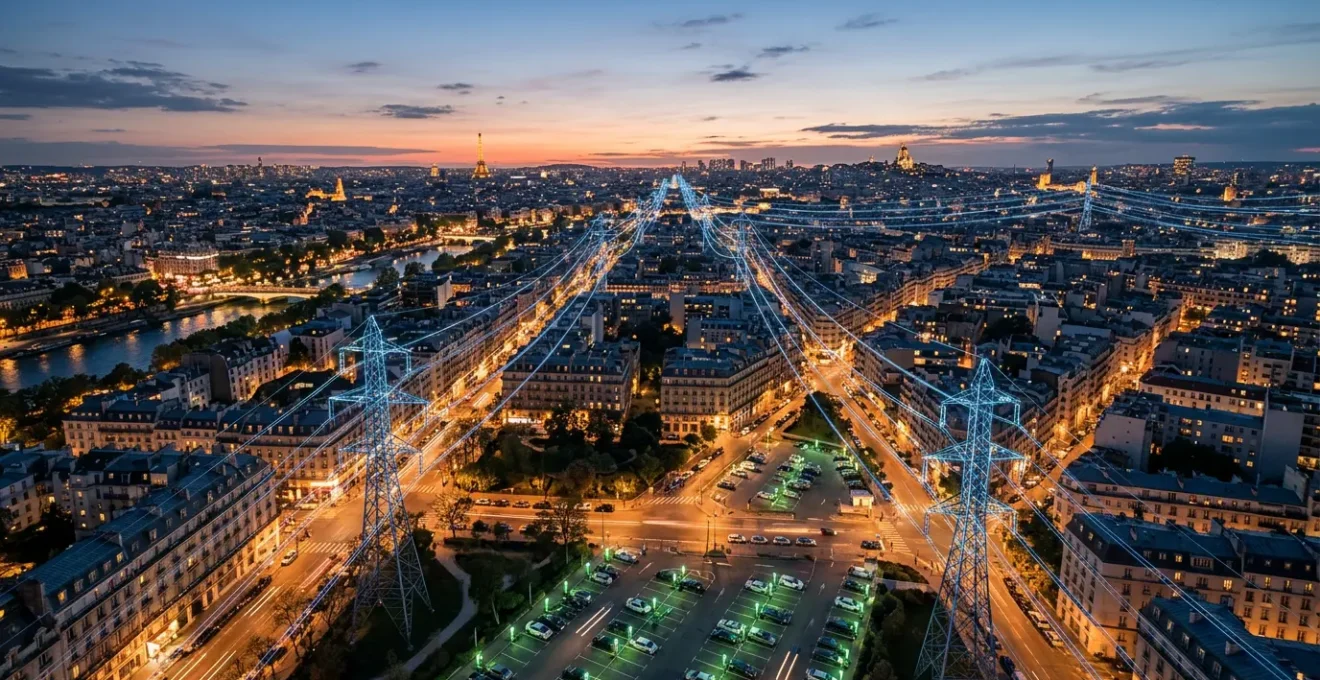 Vue aérienne nocturne d'une ville française avec réseau électrique lumineux et bornes de recharge
