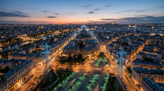 Vue aérienne nocturne d'une ville française avec réseau électrique lumineux et bornes de recharge