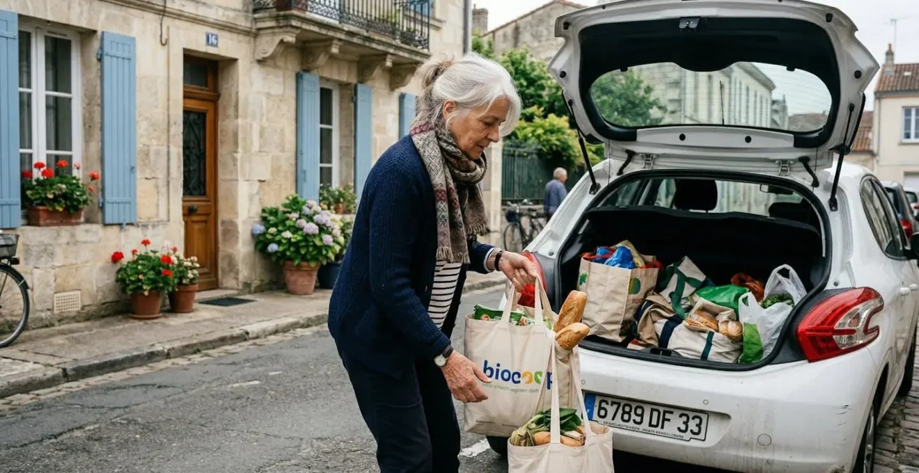 Femme retraitée déchargeant ses courses d'une petite citadine garée devant sa maison française