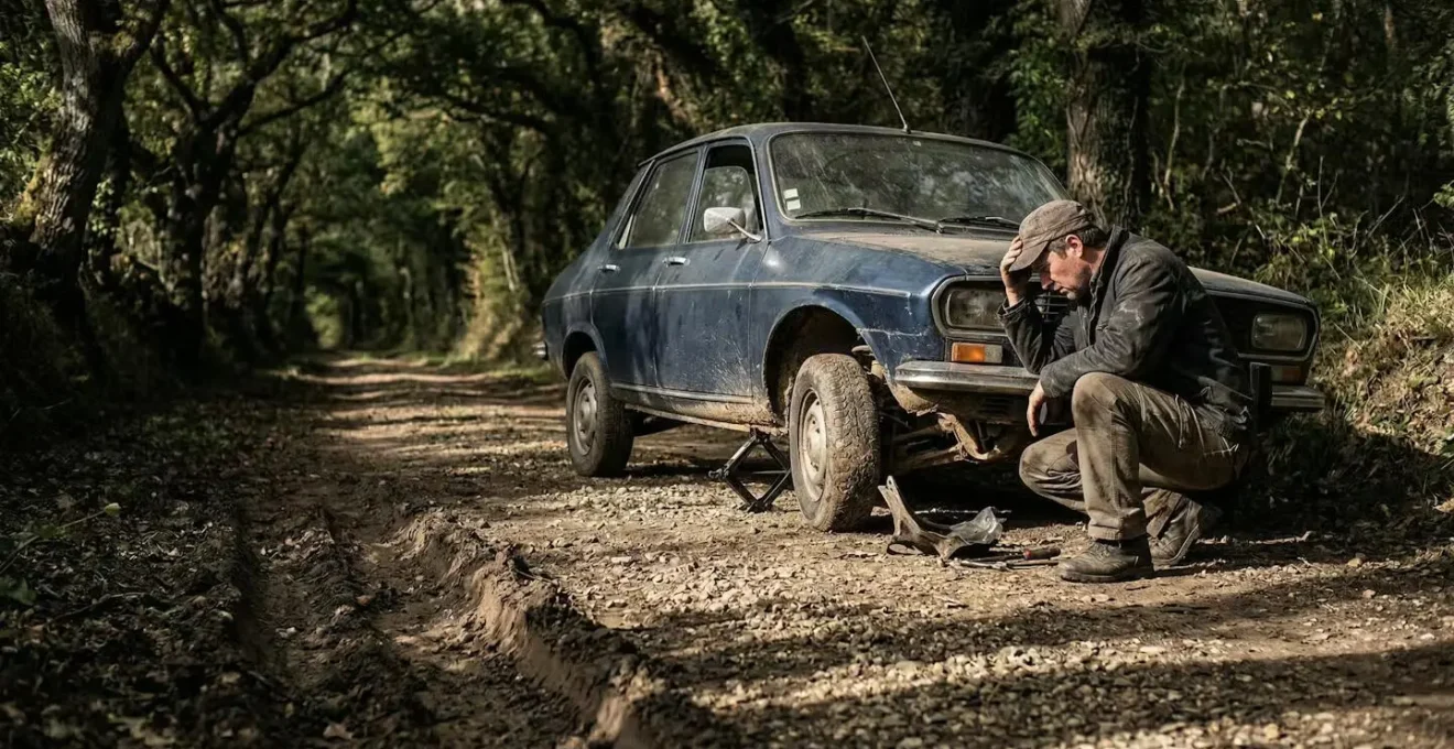 Voiture arrêtée sur un chemin de terre abîmé avec conducteur inspectant les dégâts sous le véhicule