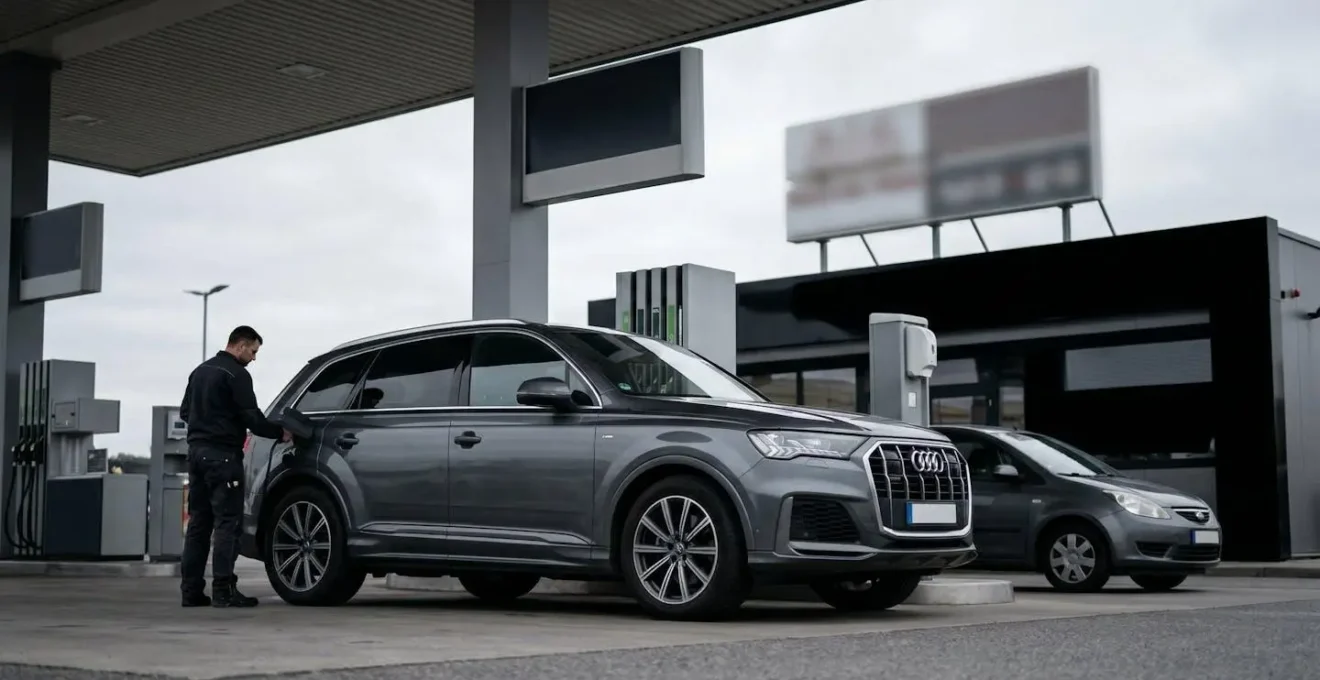 SUV hybride rechargeable garé devant une station-service avec prix affichés flous en arrière-plan