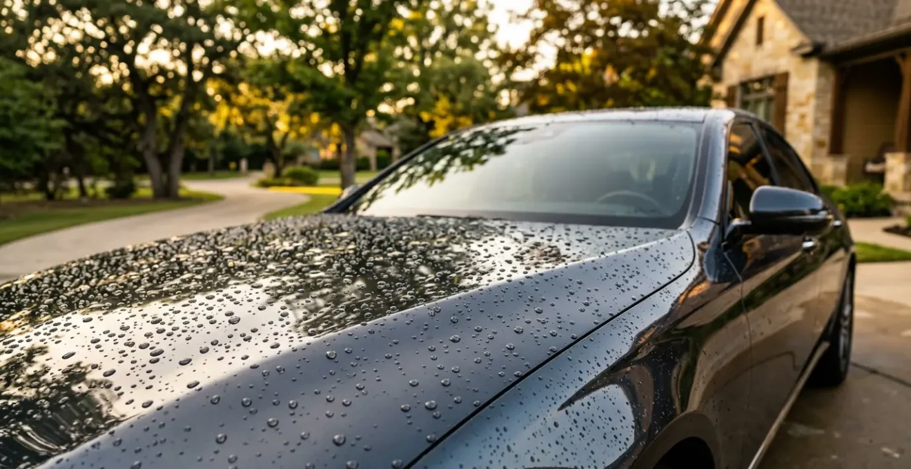 Voiture brillante avec traitement céramique sous lumière naturelle montrant l'effet déperlant