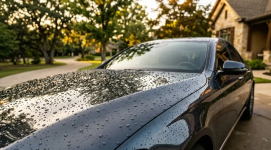 Voiture brillante avec traitement céramique sous lumière naturelle montrant l'effet déperlant