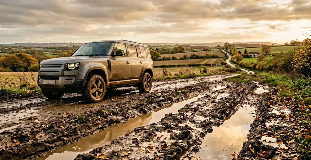 Véhicule automobile sur route de campagne boueuse avec ornières profondes et conditions difficiles