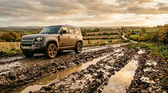 Véhicule automobile sur route de campagne boueuse avec ornières profondes et conditions difficiles