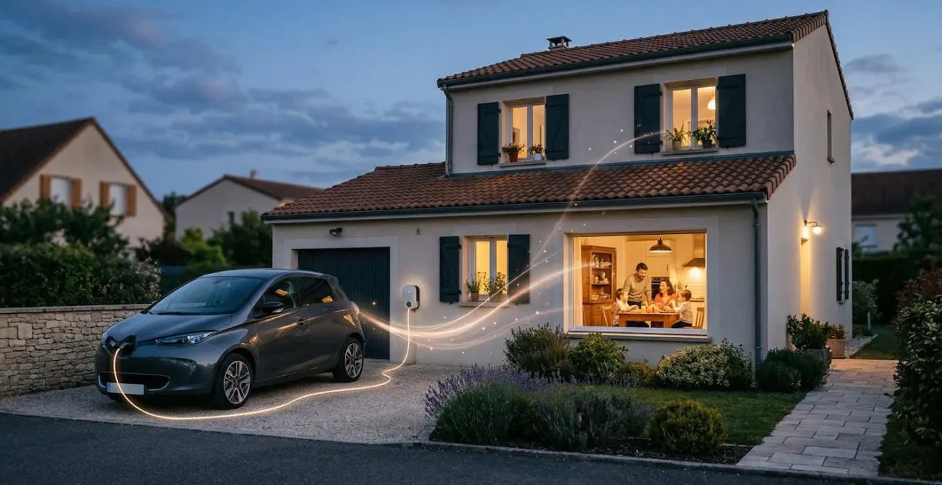 Maison française alimentée par une voiture électrique garée dans l'allée