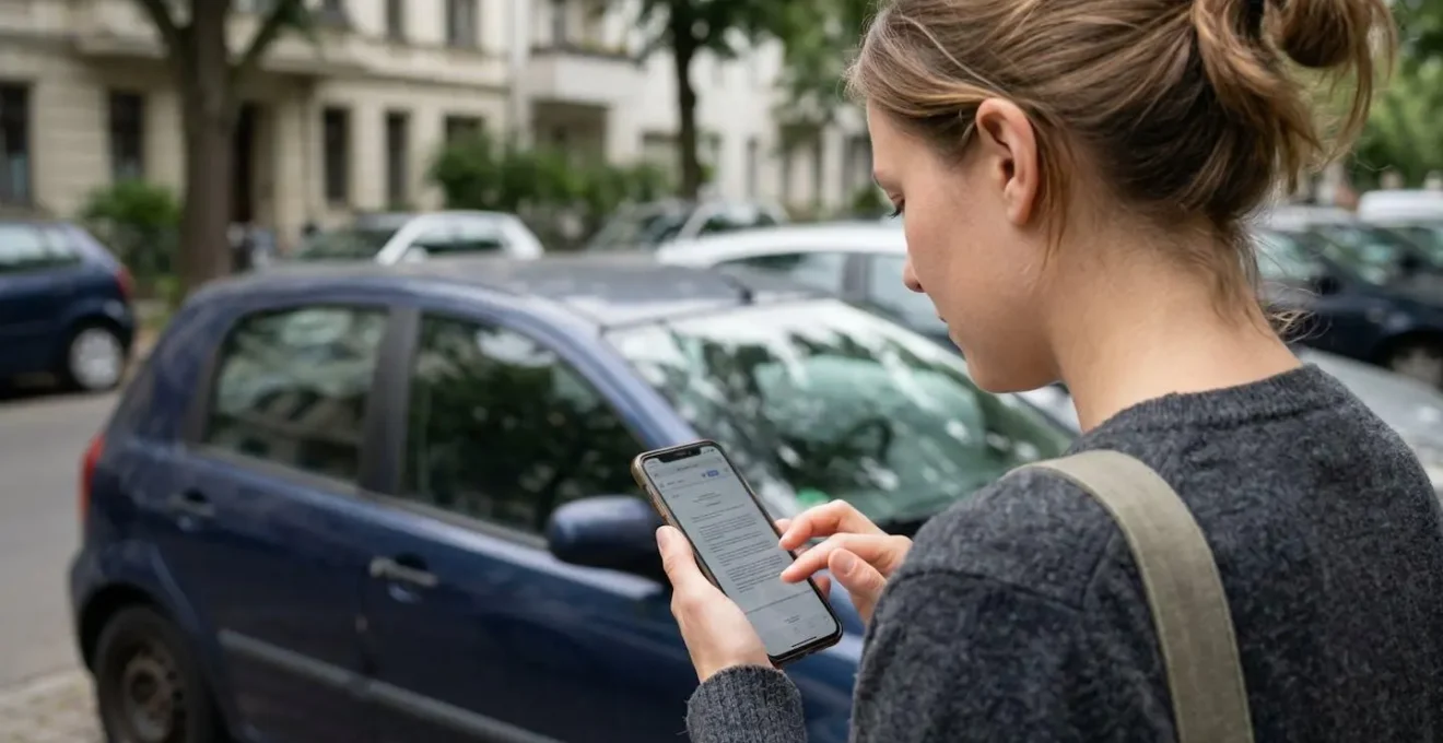 Personne consultant son attestation d'assurance sur smartphone près d'une voiture