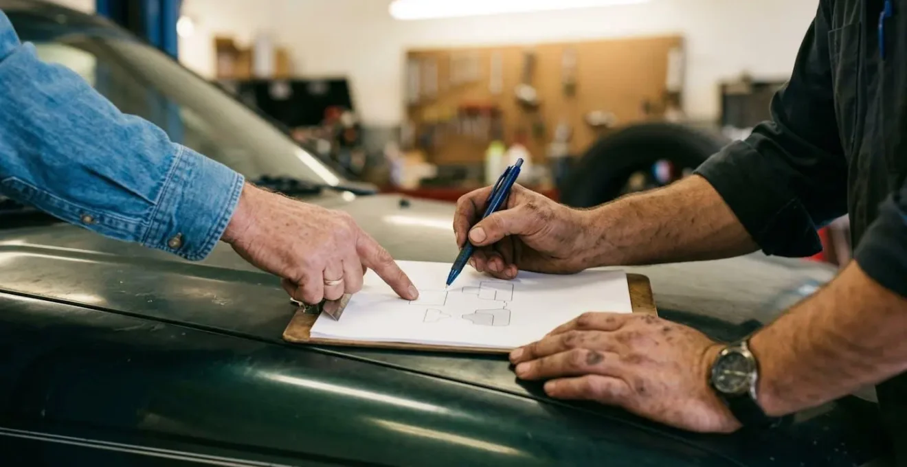 Mains pointant des éléments sur un document posé sur le capot d'une voiture dans un garage