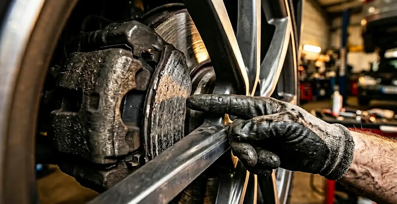 Gros plan sur l'inspection visuelle des plaquettes de frein à travers une jante ajourée d'une voiture
