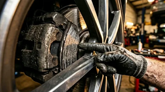 Gros plan sur l'inspection visuelle des plaquettes de frein à travers une jante ajourée d'une voiture