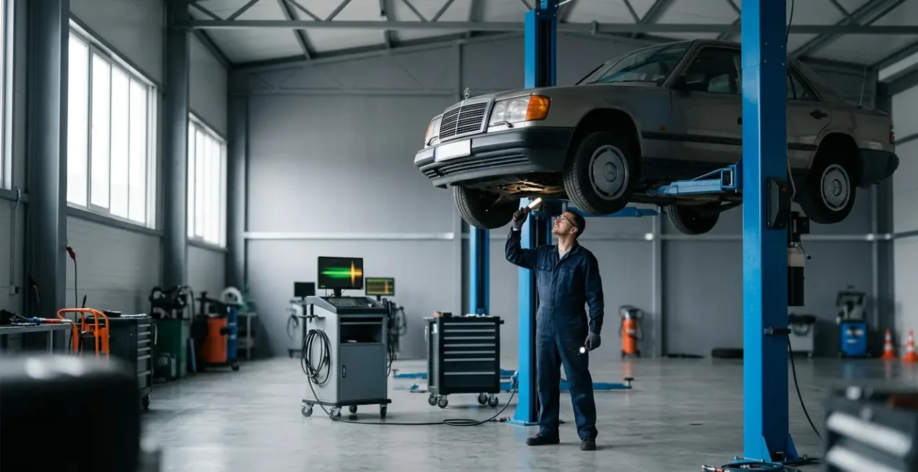Mécanicien inspectant le dessous d'un véhicule diesel ancien dans un garage avec équipements de diagnostic
