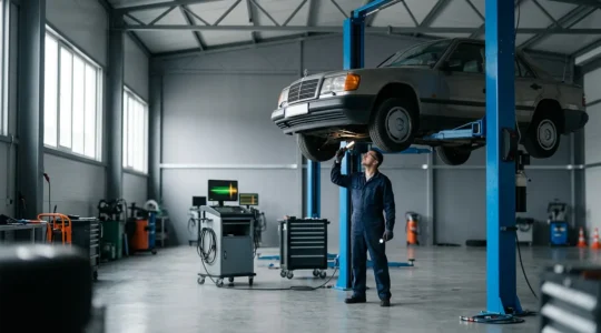 Mécanicien inspectant le dessous d'un véhicule diesel ancien dans un garage avec équipements de diagnostic