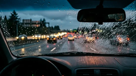 Vue depuis l'intérieur d'une voiture montrant un pare-brise avec effet déperlant sous forte pluie