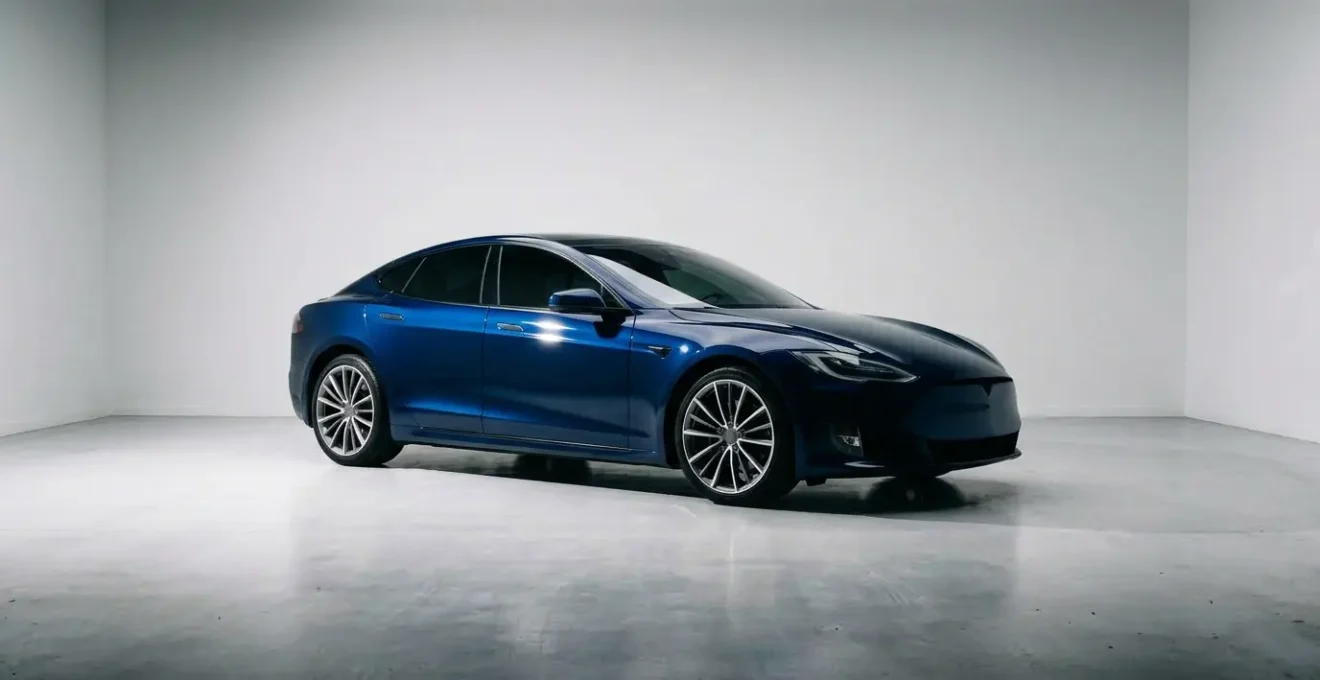 Voiture avec carrosserie brillante sous éclairage professionnel montrant l'absence de micro-rayures après polissage