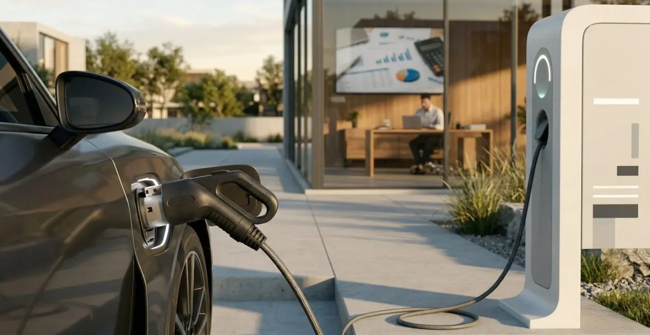 Voiture électrique en charge avec calculatrice et documents fiscaux flous en arrière-plan