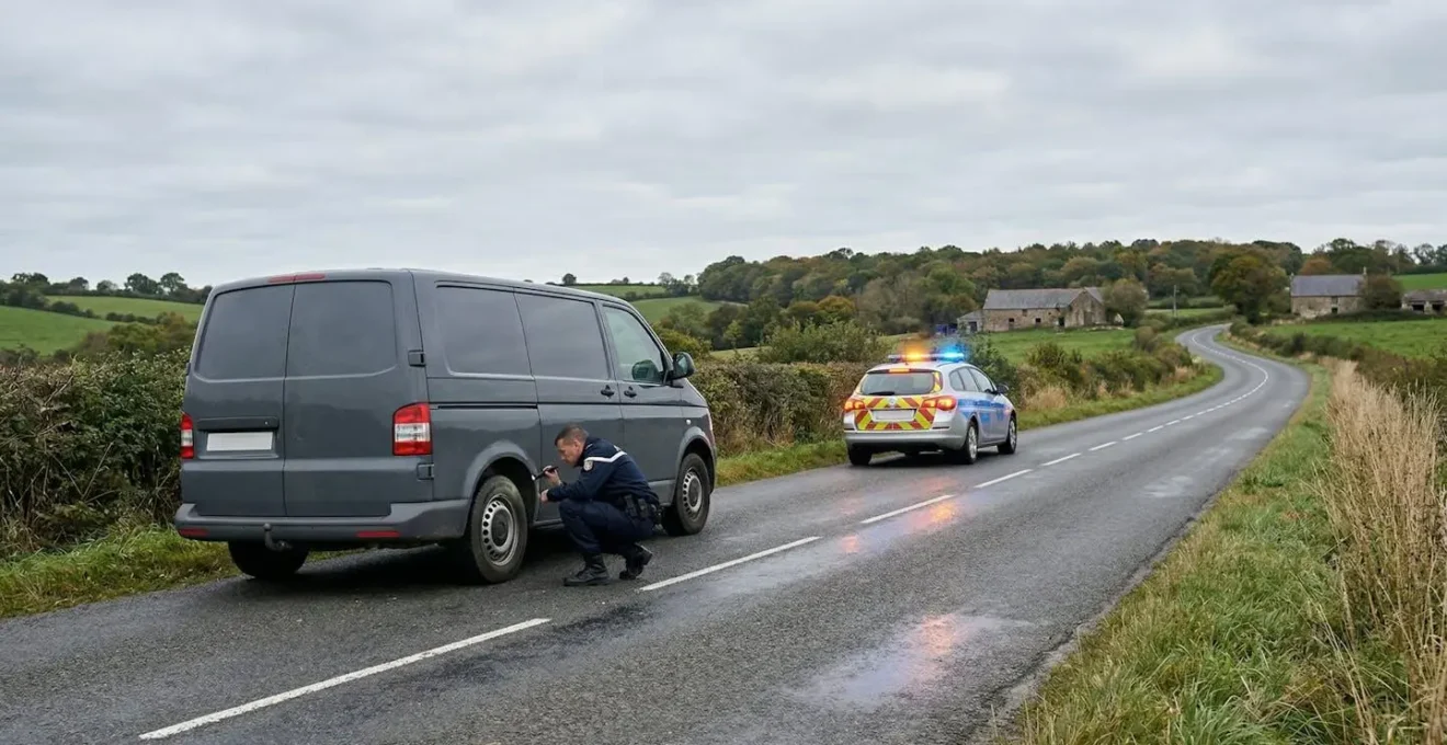 Contrôle routier avec agent vérifiant l'état des pneus d'un véhicule immobilisé